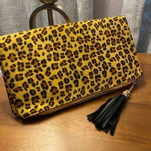 Leopard print suede clutch with shoulder c…